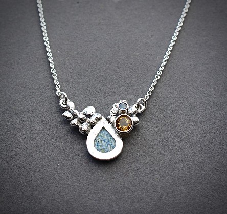 Sterling Silver - Harris Tweed - Citrine -5mm and Aqua Marine 2.6mm Gemstone - 2mm thick 18inch chain