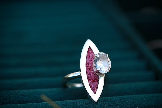 Sterling Silver - Harris Tweed - White Topaz. 
Marquise shapen -30x12mm - ring shank 3mm ,
Stone - 10x8mm