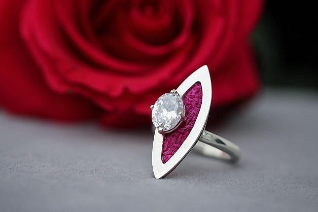 Sterling Silver - Harris Tweed - White Topaz.
Marquise shapen -30x12mm - ring shank 3mm ,
Stone - 10x8mm