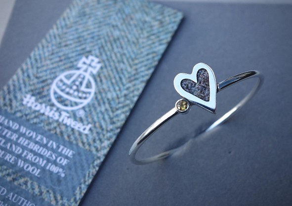 Sterling Silver - Harris Tweed - 2mmGemstone (diamond will be extra) - 24x18mm Heart - Size M -65mm