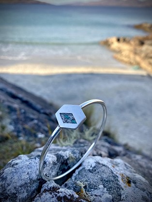 Sterling Silver and Harris Tweed. 3mm thick bangle, hexagon 18mm. Size M - 65mm