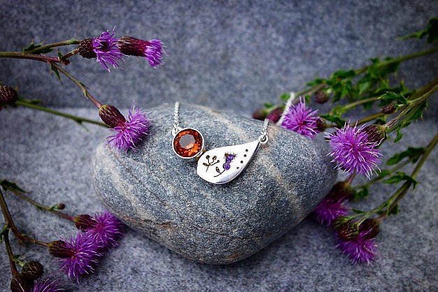 Sterling Silver - Harris Tweed - 10mm Hessonite Garnet - 18inch chain